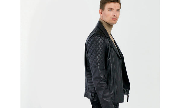 herren lederjacke im Biker Look, mit asymmetrischem Reverskragen