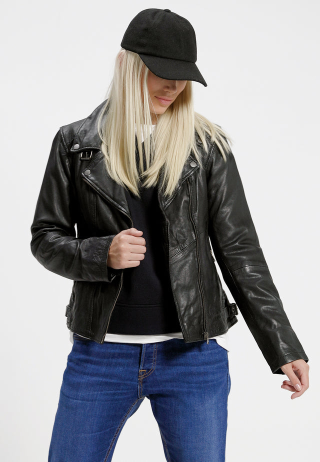 Damen Lederjacke mit perforation in schwarz