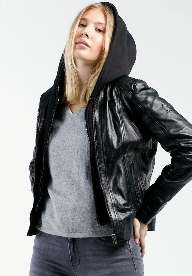 Damen Lederjacke mit Kapuze in schwarz